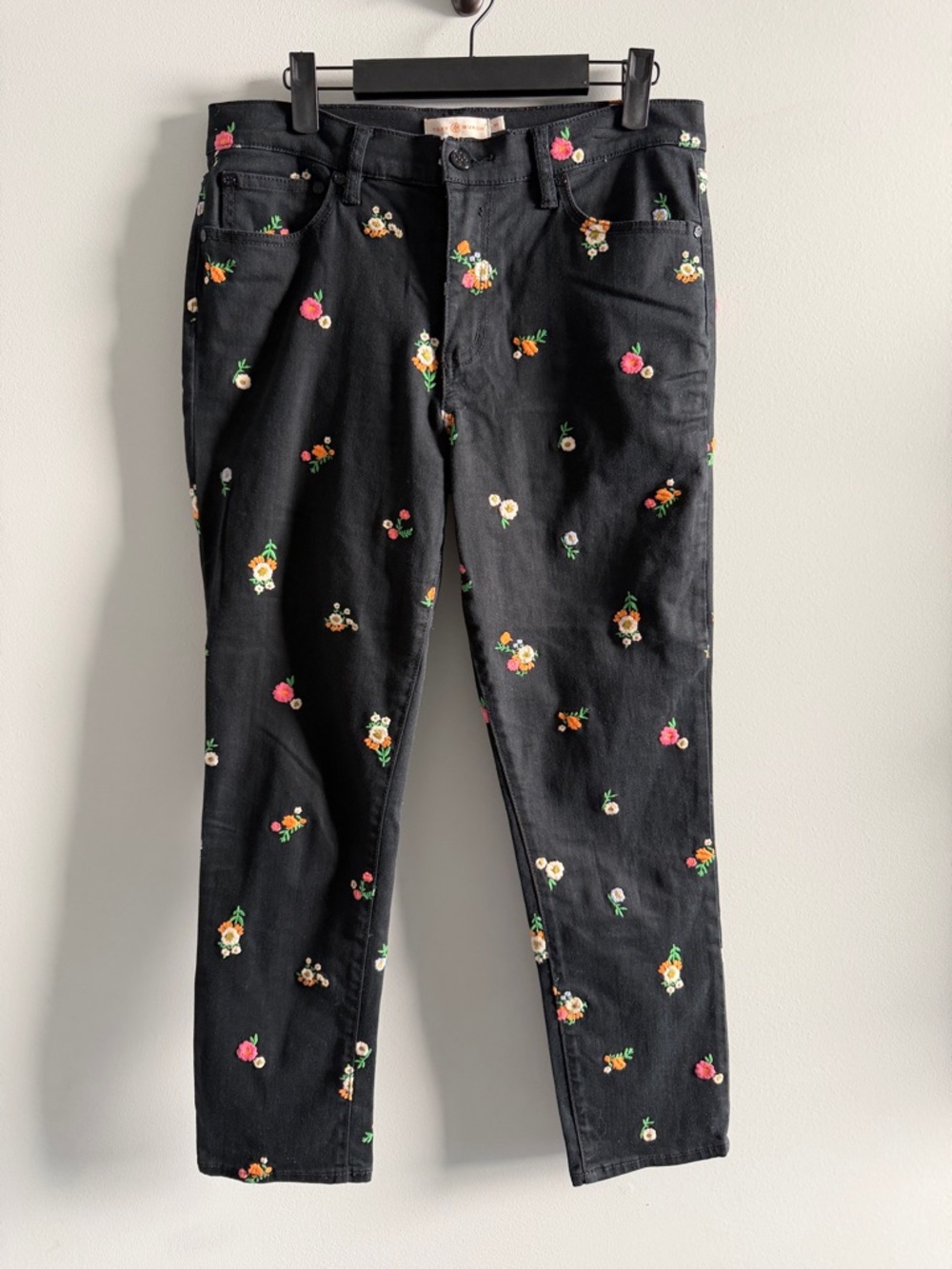 Tory Burch Black Floral Embroidered Ankle Skinny Jeans Womens 28